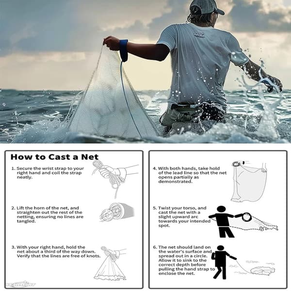 Cast Net, 4 ft, 6 ft, 8 ft, Holdbar monofilament, Zinkvægte