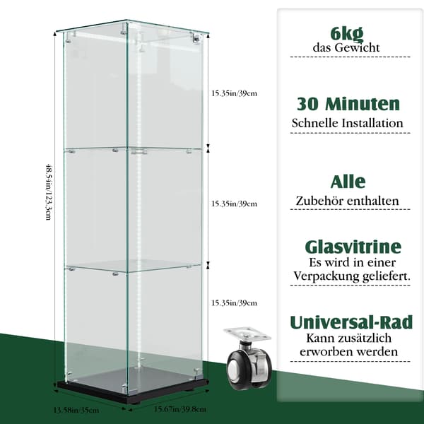 Glas Vitrineskab, LED Belysning, Pladsbesparende Design,Tre hylder sort+lysstribe