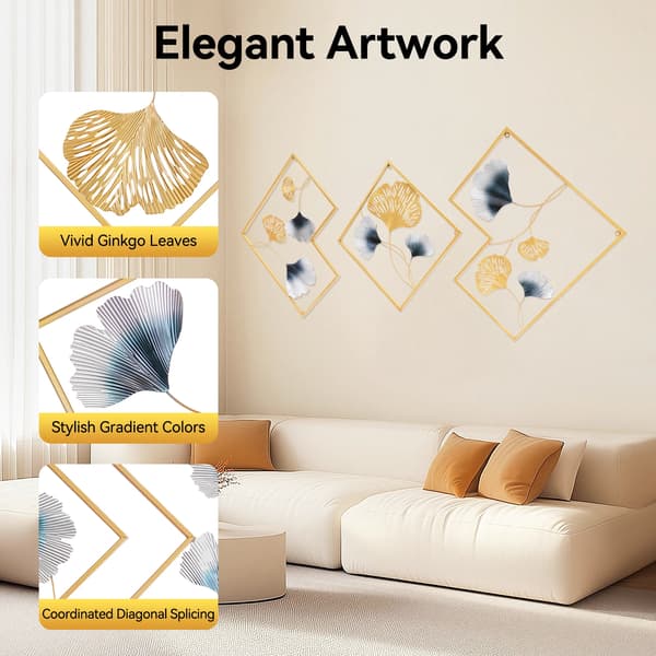 Väggdekoration, Ginkgo-bladsdesign, Set med 3 delar,Guld