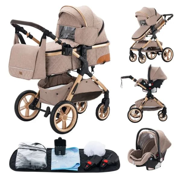 Barnvagn, All-Terräng Design, Kompakt och Fällbar,Hög version X1 KHAKI