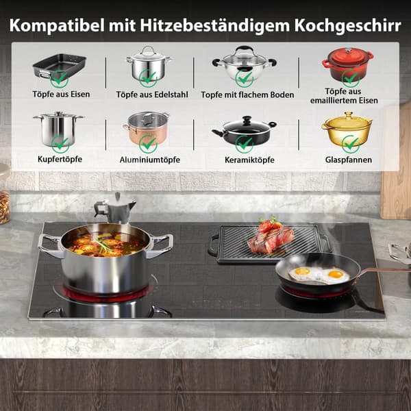 Glaskeramisk Kogeplade, 4 Kogezoner, Berøringskontrol,sort
