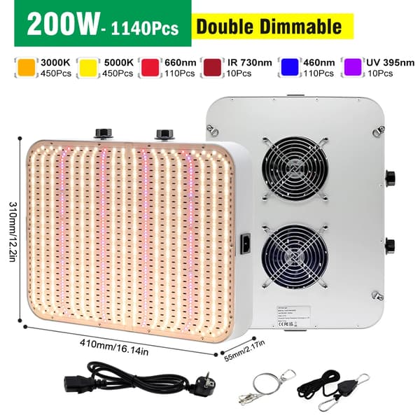 LED Vækstlys, Justerbar Lysstyrke, Integreret Køleventilator,200W, EU-a