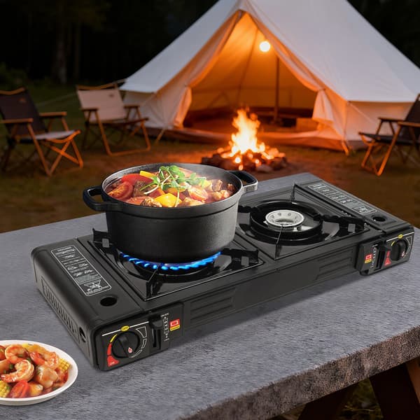 Camping Gasblus, Bærbart Design, Dobbelt Brænder,sort