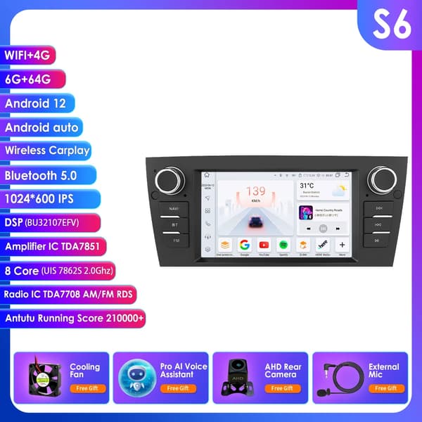 Carplay, multimedieafspiller, smartphoneintegration, kompatibel med BMW 3 Serie E90 E91 E92 E93 06 - 12,S6 AHD2 AI