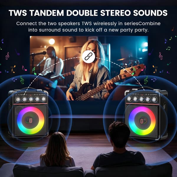 Karaoke Maskine, 6000mAh Batteri, Bærbar, Bluetooth Forbindelse, LED Lys, To Mikrofoner