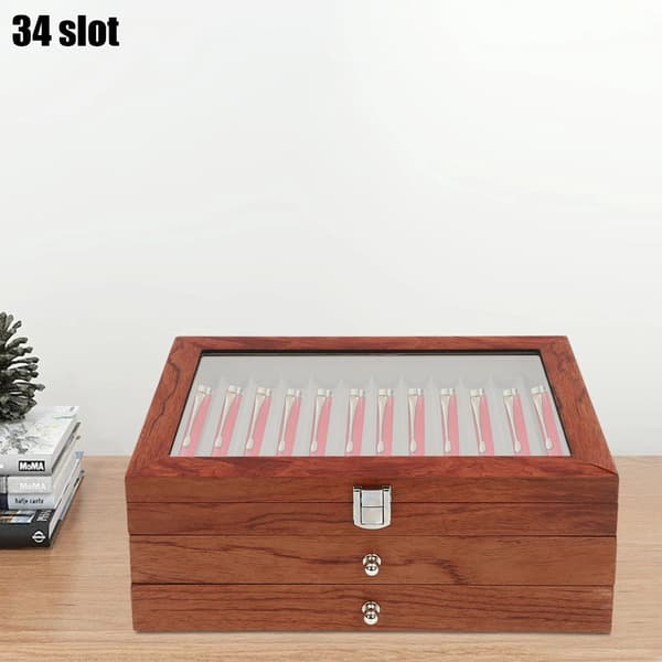 Fountain Pen Holder, 34 Slots, Elegant Display,Brun
