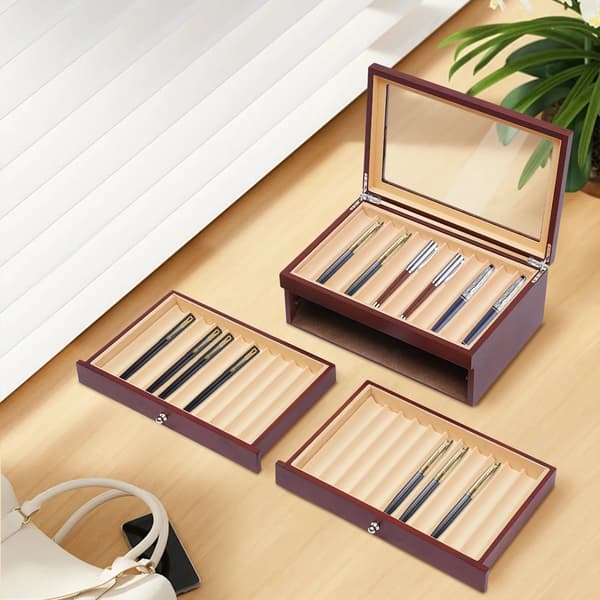 Pen Organizer Box, Støvtæt Design, Elegant Trækonstruktion,Rød