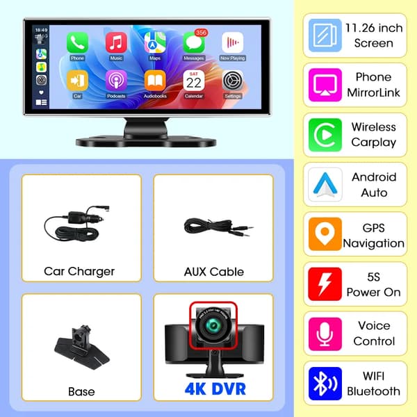 Carplay-skärm, 4K-framkamera, Bluetooth-anslutning,4K DVR