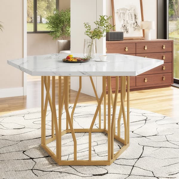 Matbord, Hexagonalt Design, Stilig Metallram,Guldvit