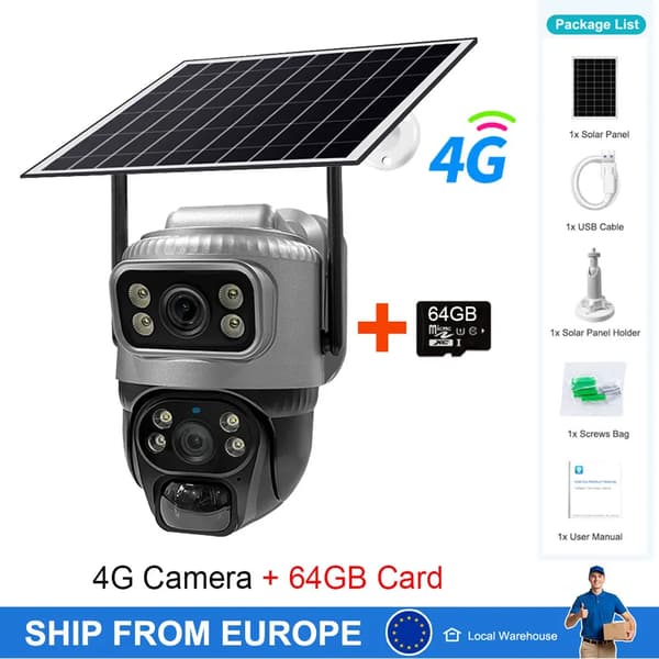 Udendørs kamera, 4G-forbindelse, nattevisionssupport,4G Kamera 64GB Kort