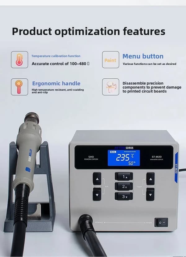 Loddestation med varm luftpistol, automatisk søvnmode, CE-certificeret,220V