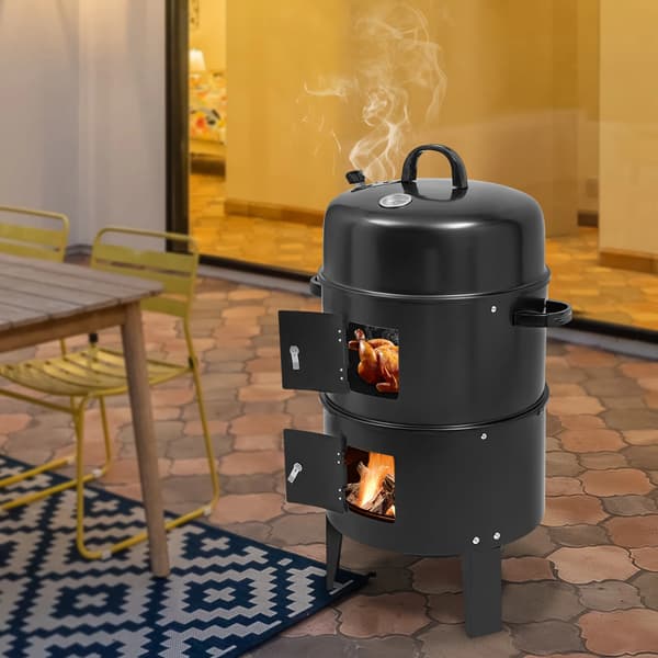 BBQ Rökgrill, Multifunktionell Kolmatlagning, Inkluderar Termometer,svart