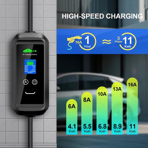 Bärbar EV-laddare, 11KW effektutgång, WiFi-appkontroll,Typ2