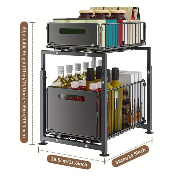 Under Sink Organizer, 2-lags Design, Utrækkelige Hylder,sort